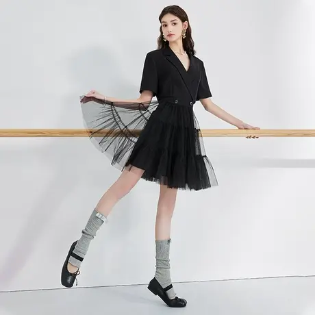 秋水伊人时尚设计感黑色西装裙2024年夏季新款女装网纱拼接连衣裙图片