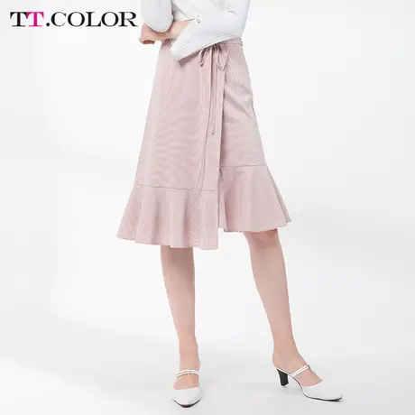 TTCOLOR粉色半身裙中长款高腰不规则荷叶边系带蝴蝶结格子鱼尾裙图片